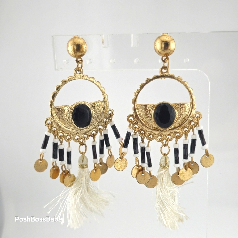 Boho Chic Gold and Black Beaded Statement Earrings – 3.25" Length